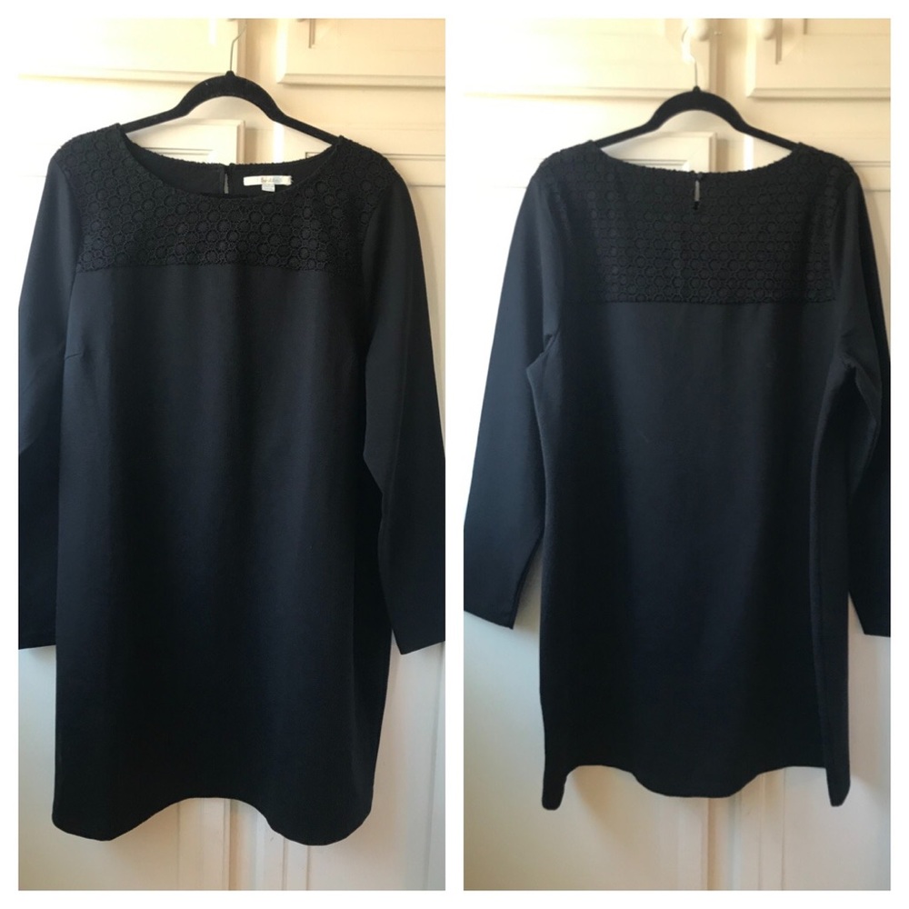 Boden Long Sleeve Crochet Black Shift Dress Sz 16